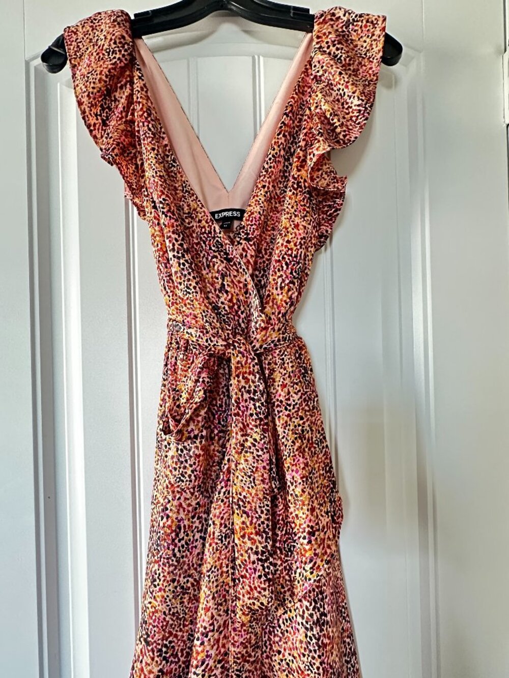 Express Ruffle Wrap Mini Dress XS Multicolor Animal Print Tie Waist